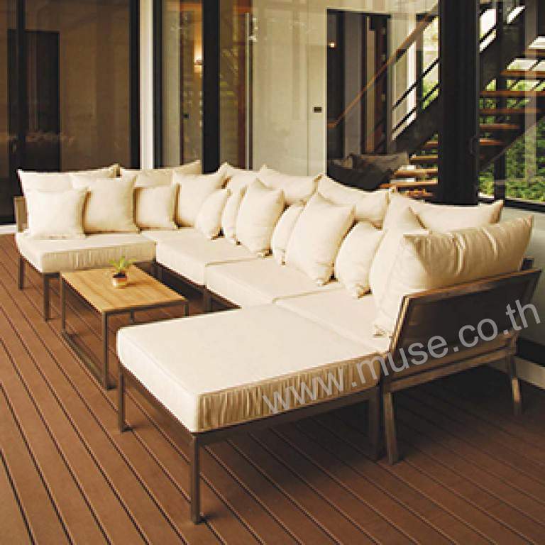 Teak/Stainless Steel Sofa Set with Coffee Table | ชุดโซฟาพิ้นไม้สักโครง
